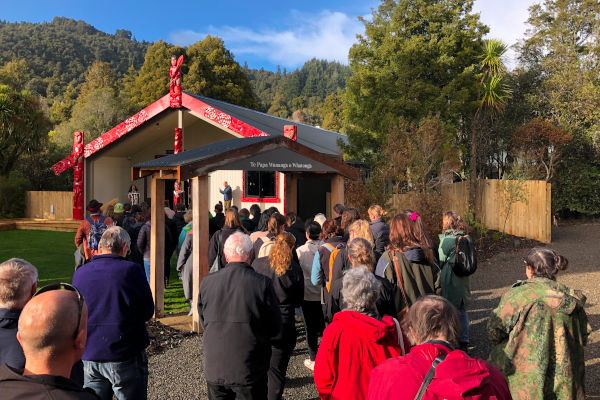 Attendees of the 2023 Sanctuaries of NZ workshop being welcomed to Te Whare Taiao o Manukura. Pūkaha, Mt Bruce.